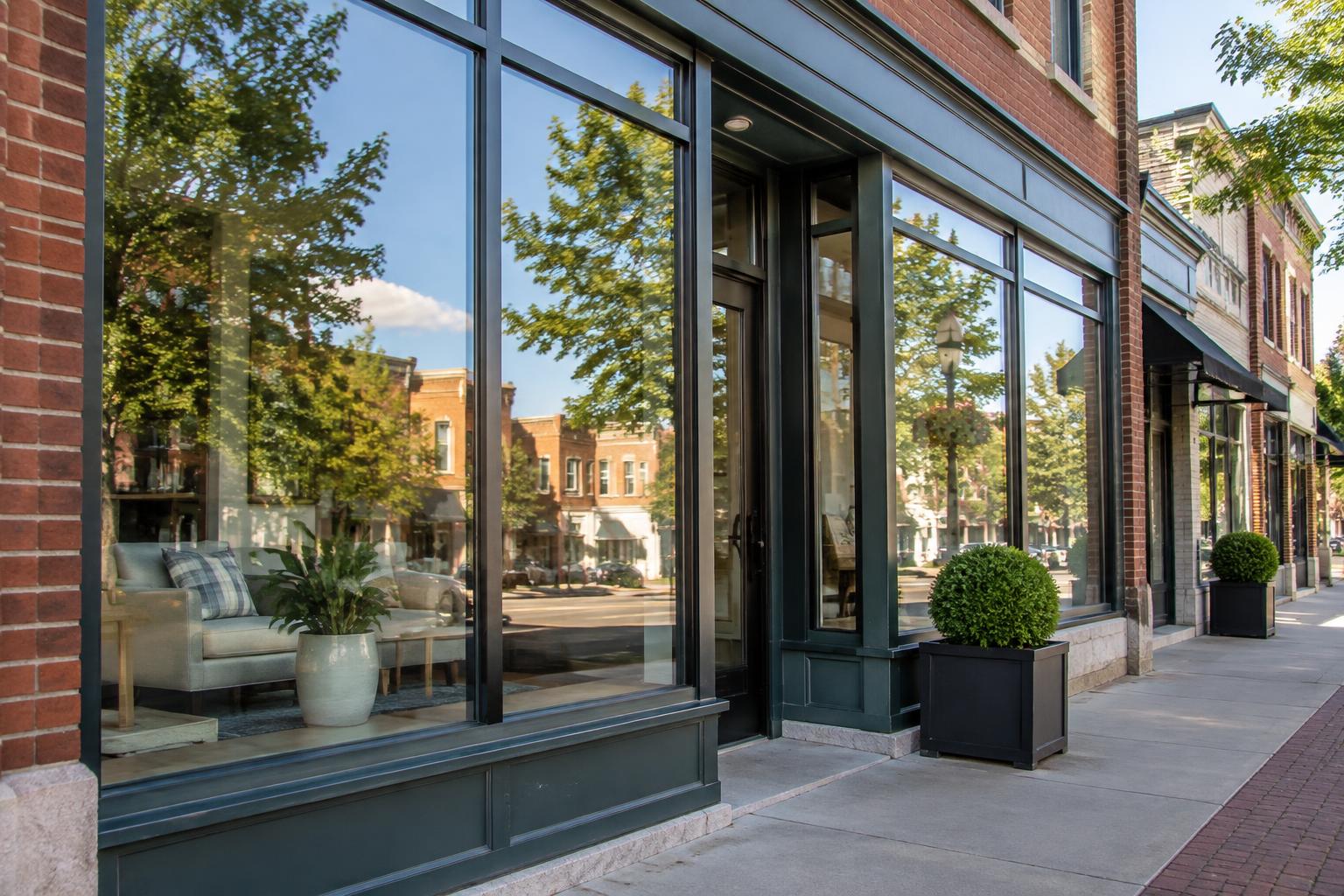 Clear glass windows on a small-town storefront